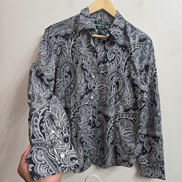 Lauren Ralph Lauren Women Boho Chic Black White Paisley Non-Iron Button-Up Top L - Picture 5 of 11